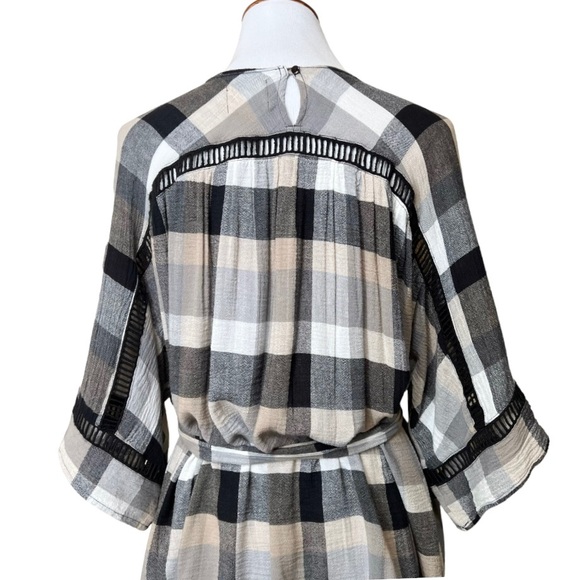 Anthropologie Black Cream Plaid Check Draped Tie Waist Belted Kimono ShirtDress - Picture 11 of 16